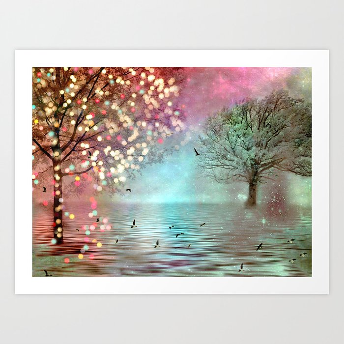 Surreal Fantasy Fairy Tale Aqua Pink Sparkling Fairylights Nature Trees Art Print