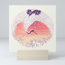 Vintage Japanese Crane, Sun, and Waves Design Mini Art Print
