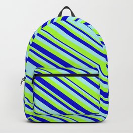[ Thumbnail: Turquoise, Light Green, and Blue Colored Stripes Pattern Backpack ]
