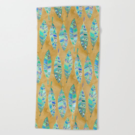 Jeweled Enamel Leaves on Tan Beach Towel