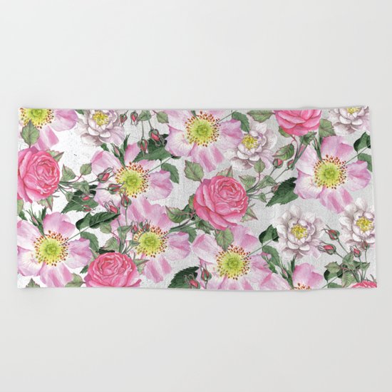 Vintage Rose Pattern Pink and White Beach Towel