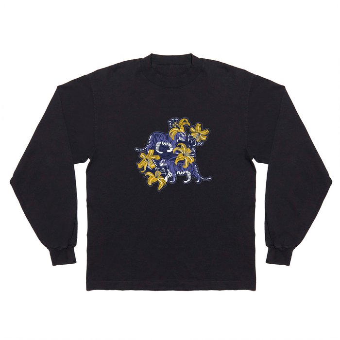 Tigers in a tiger lily garden // textured navy blue background very peri wild animals goldenrod yellow flowers Long Sleeve T Shirt