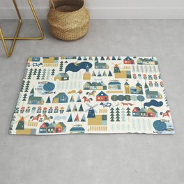 Seamless pattern with scandinavian village in pastel colors. Hygge cozy house inspired by scandinavian folk art. Pattern with colorful buildings on light background. Illustration with nordic village.  Area & Throw Rug