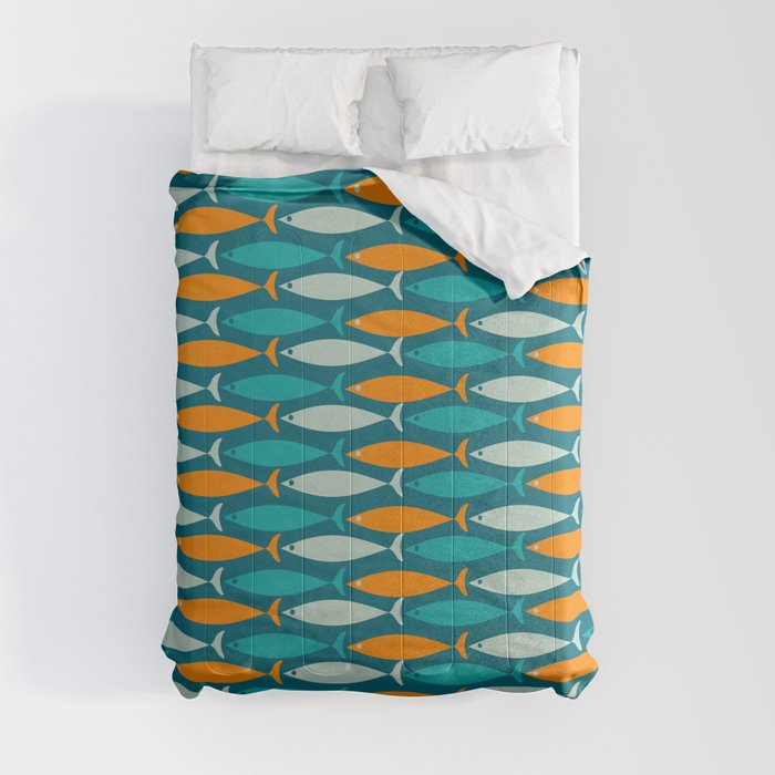 Mid Century Modern Fish Stripes Pattern Turquoise Orange Aqua Teal Comforter