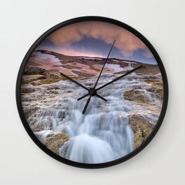 Mountain waterfall and mammatus clouds at sunset. Thaw. Sierra Nevada National park.. Wall Clock