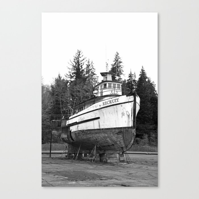 Wooden Boat F/V Shipyard Nautical Boatyard Fisherman Fishing Industrial Black and White Astoria Oregon Columbia River Northwest Canvas Print