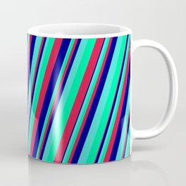 [ Thumbnail: Turquoise, Green, Crimson & Blue Colored Lines Pattern Coffee Mug ]