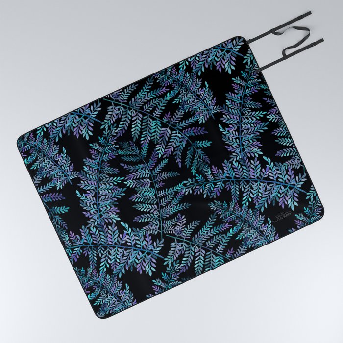 Watercolor Ferns Pattern - Turquoise & Purple on Black Picnic Blanket
