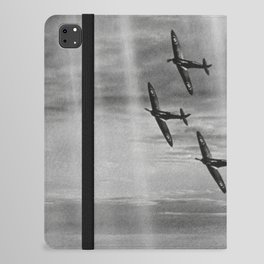 WWII Airforce flying aces flying in formation through columns, rays of sun flight pilot military black and white vintage photograph - photography - photographs iPad Folio Case