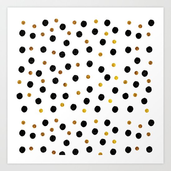 Black & Gold Glitter Confetti on white background- Elegant pattern Art Print