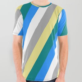 [ Thumbnail: Eye-catching Tan, Teal, Blue, White & Dark Gray Colored Striped/Lined Pattern All Over Graphic Tee ]