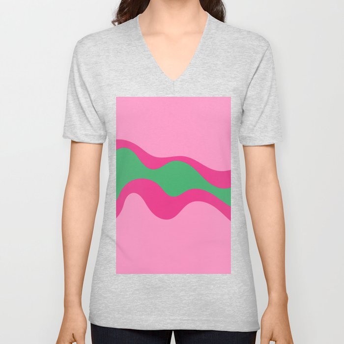 Ance - Groovy Wavey Colorful Retro Art Design in Pink and Green V Neck T Shirt