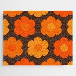 Such Cute Flowers Retro Floral Pattern in 70s Brown and Orange Jigsaw Puzzle