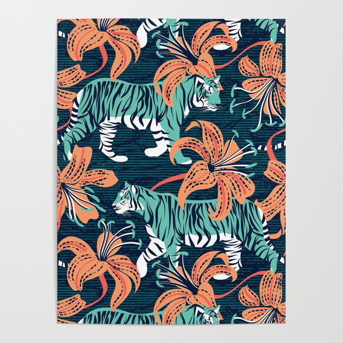 Tigers in a tiger lily garden // textured navy blue background spearmint green wild animals papaya orange flowers Poster