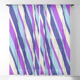 [ Thumbnail: Dark Violet, Sky Blue, Blue & Beige Colored Striped/Lined Pattern Sheer Curtain ]