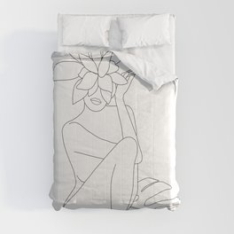 Minimal Line Art Woman with Tropical Leaves Comforter
