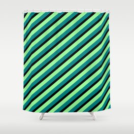 [ Thumbnail: Green, Teal & Black Colored Striped Pattern Shower Curtain ]