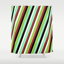 [ Thumbnail: Eyecatching Green, Aquamarine, Red, Black & Mint Cream Colored Stripes/Lines Pattern Shower Curtain ]
