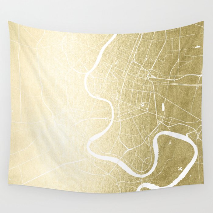Bangkok Thailand Minimal Street Map - Gold Metallic and White Wall Tapestry
