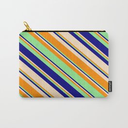 [ Thumbnail: Light Green, Blue, Bisque, and Dark Orange Colored Stripes/Lines Pattern Carry-All Pouch ]