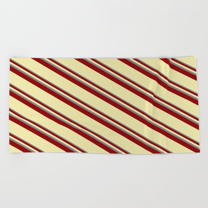 Grey, Dark Red & Pale Goldenrod Colored Striped Pattern Beach Towel