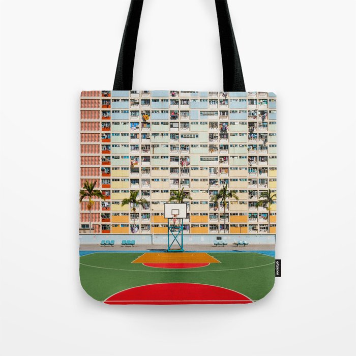 Basketball court, Hong Kong Colorful rainbow building Facade Tote Bag