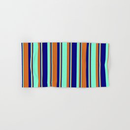 [ Thumbnail: Chocolate, Aquamarine & Blue Colored Stripes Pattern Hand & Bath Towel ]