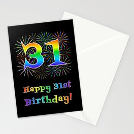 [ Thumbnail: 31st Birthday - Fun Rainbow Spectrum Gradient Pattern Text, Bursting Fireworks Inspired Background Stationery Cards ]