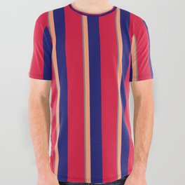 [ Thumbnail: Gray, Light Salmon, Midnight Blue, and Crimson Colored Stripes Pattern All Over Graphic Tee ]