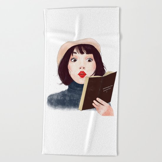French woman with book Beach Towel