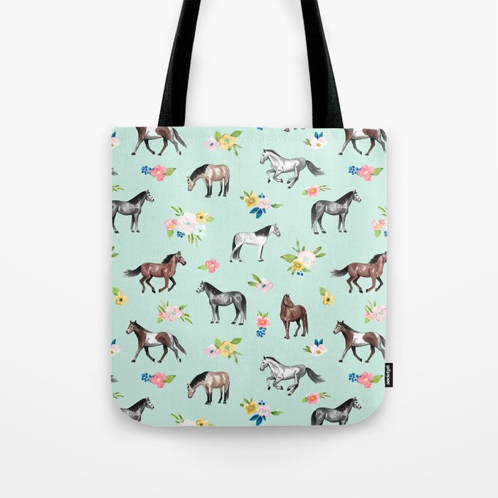 Horses and Small Flowers, Mint Blue, Horse Decor, Floral Print, Horse Art Tote Bag