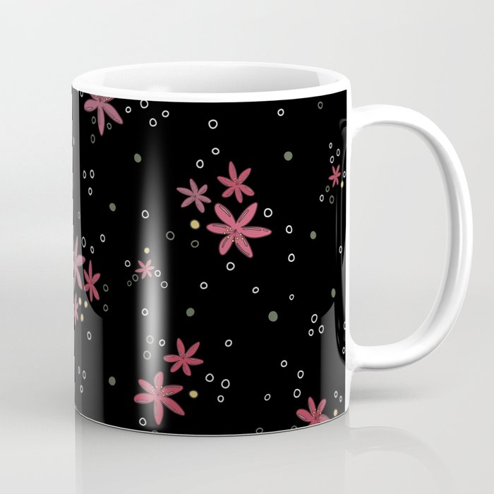 Pink flowers and dots pattern on black background Coffee Mug