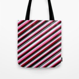 [ Thumbnail: Colorful Dim Gray, Light Cyan, Hot Pink, Maroon & Black Colored Striped/Lined Pattern Tote Bag ]