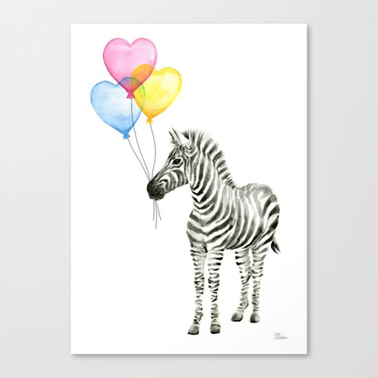 Zebra Watercolor With Heart Shaped Balloons Whimsical Baby Animals Canvas Print