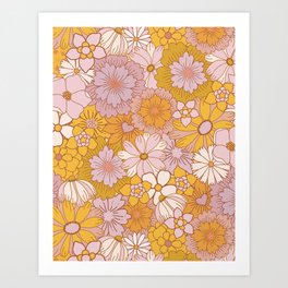 Retro Daisy Flower Meadow - Orange Art Print
