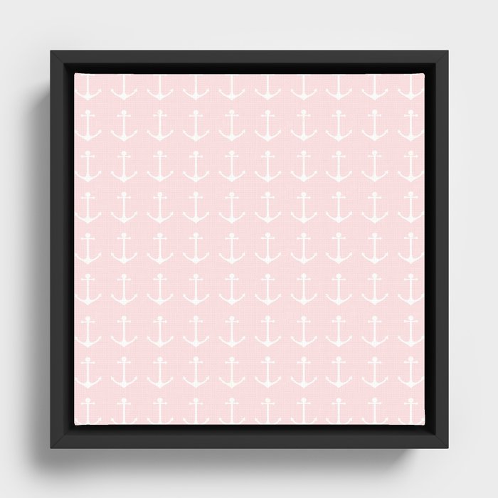 Nautical Blush Pink White Anchor Pattern Framed Canvas