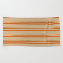 [ Thumbnail: Chocolate and Tan Colored Lined/Striped Pattern Beach Towel ]