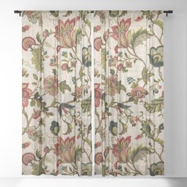 Red Green Jacobean Floral Embroidery Pattern Sheer Curtain