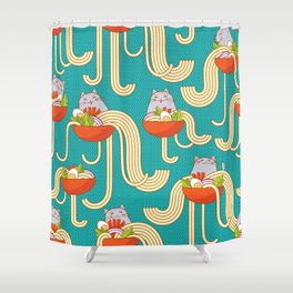 Plates of noodles and funny cats. Noodles with spices and vegetables,turquoise background. Cute design Shower Curtain