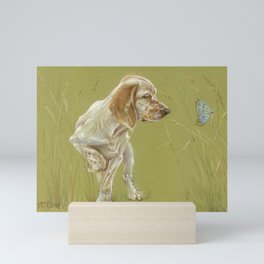 The First Spring Butterfly English Setter Puppy Pastel Drawing on green background Mini Art Print