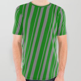 [ Thumbnail: Grey & Green Colored Stripes/Lines Pattern All Over Graphic Tee ]
