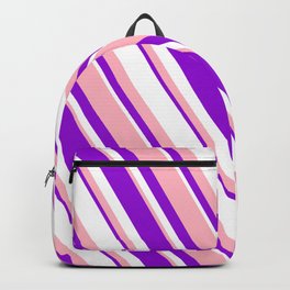 [ Thumbnail: Light Pink, Dark Violet, and White Colored Lined/Striped Pattern Backpack ]