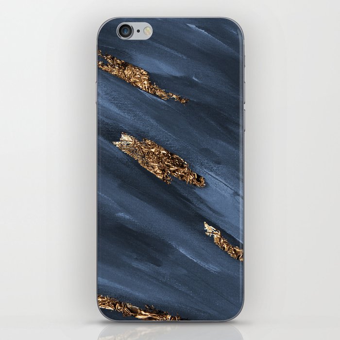 Navy Blue Paint Brushstrokes Gold Foil Abstract Texture iPhone Skin