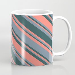[ Thumbnail: Dark Slate Gray, Salmon & Light Slate Gray Colored Stripes/Lines Pattern Coffee Mug ]