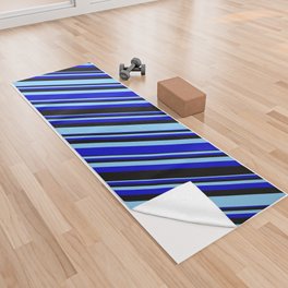 [ Thumbnail: Light Sky Blue, Blue & Black Colored Stripes/Lines Pattern Yoga Towel ]