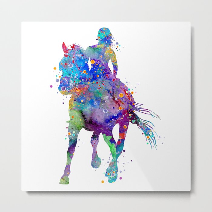 Girl Horse Rider Watercolor Metal Print
