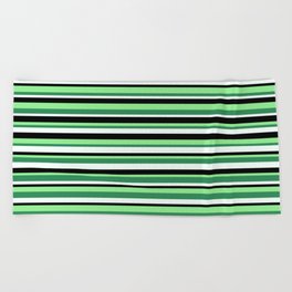 [ Thumbnail: Light Green, Sea Green, Mint Cream & Black Colored Pattern of Stripes Beach Towel ]