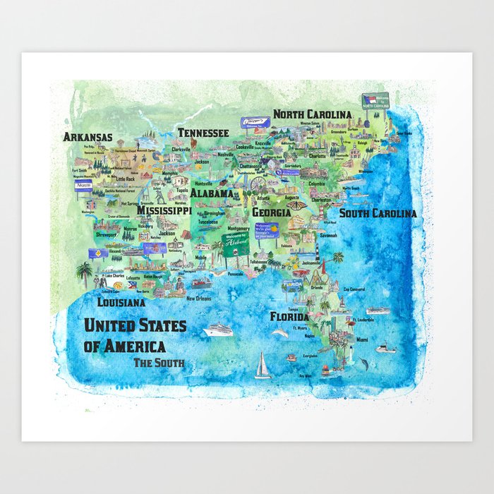 Usa Southern States Travel Poster Map Florida Louisiana Mississippi Arkansas Carolinas Georgia Art Print By Artshop77 Society6