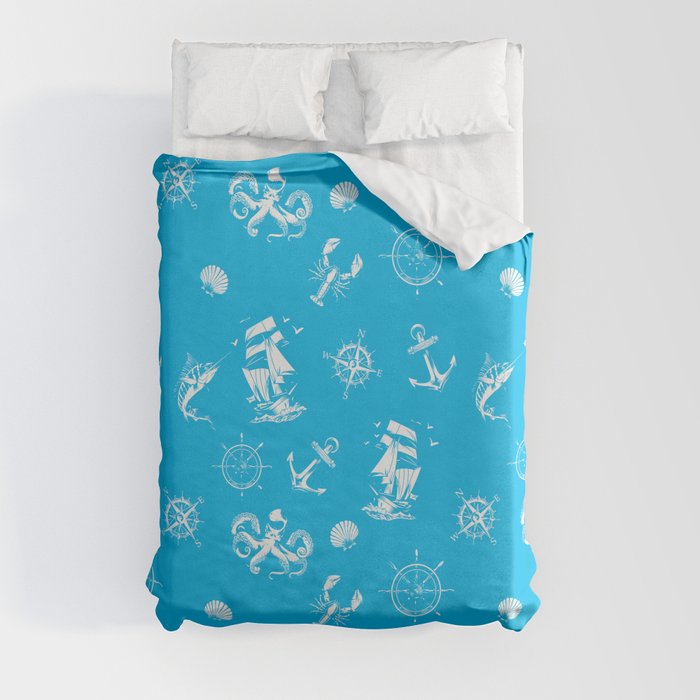  Turquoise And White Silhouettes Of Vintage Nautical Pattern Duvet Cover