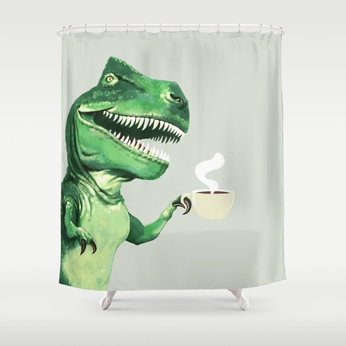 T-Rex Enjoying Coffee #green Shower Curtain